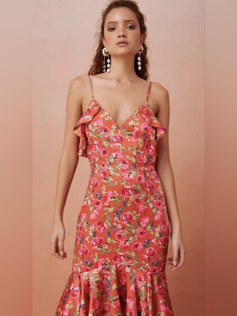 Anthropologie Keepsake Floral Midi Dress Pink Coral Sz M Cocktail Boho Romantic - Picture 2 of 14